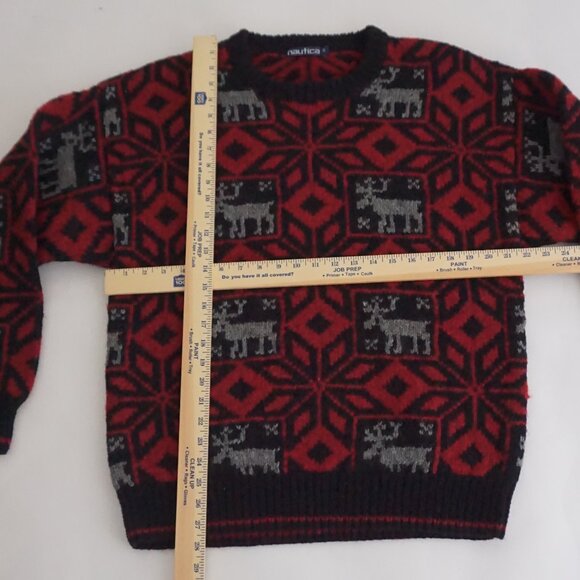Nautica Red Black Wool Blend Moose Nordic Knit Sweater Men’s SM Winter Holiday - Picture 3 of 10